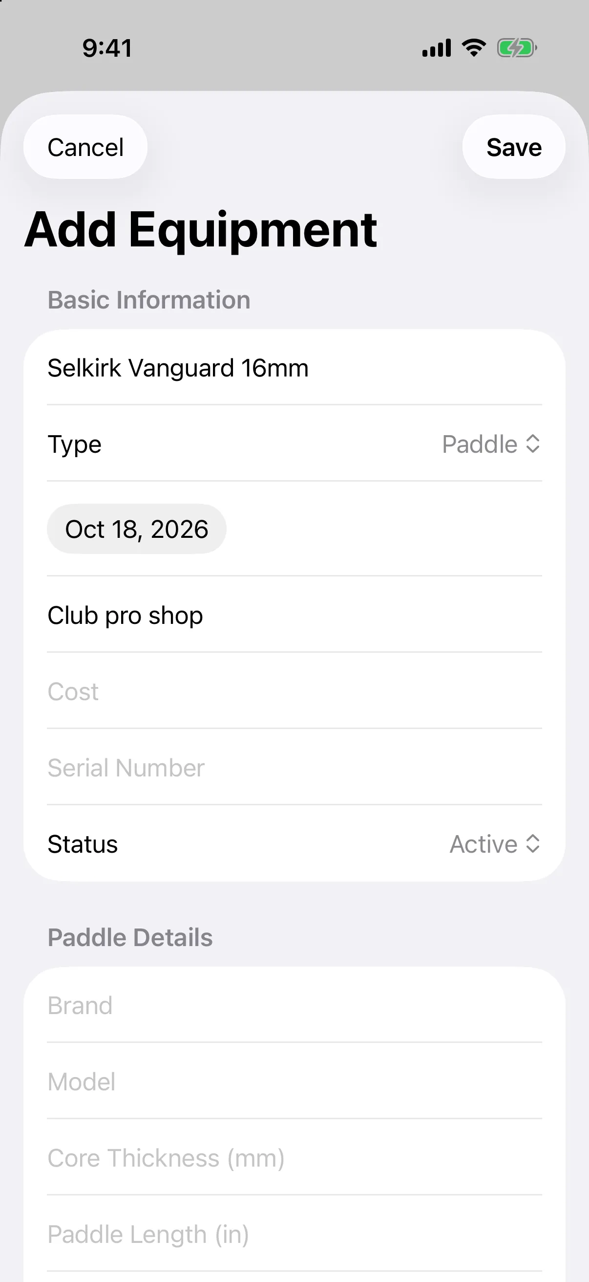 Add Equipment screen with a paddle name, Paddle type, purchase date and location filled in, and Paddle Details below