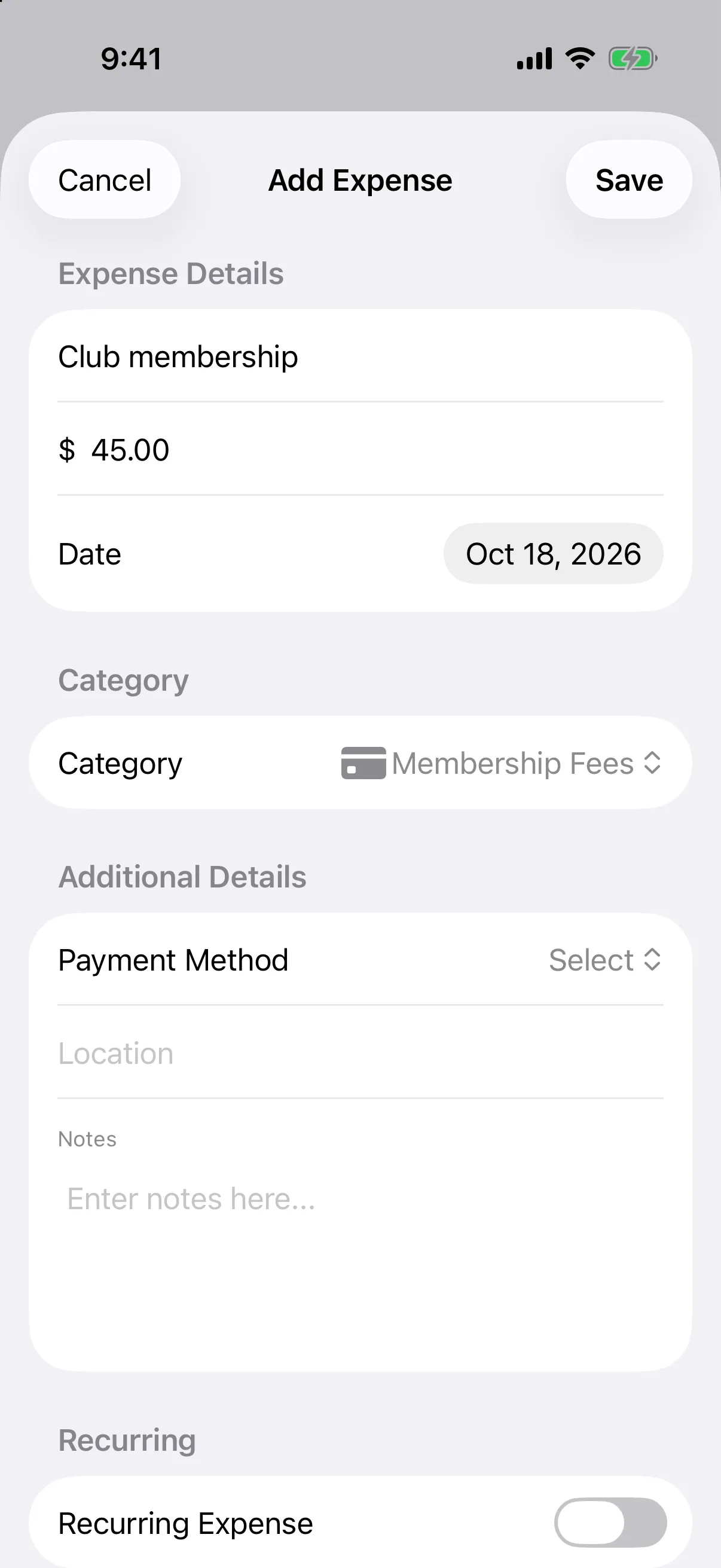 Add Expense form with a Club membership description, $45.00 amount, today’s date and Membership Fees category