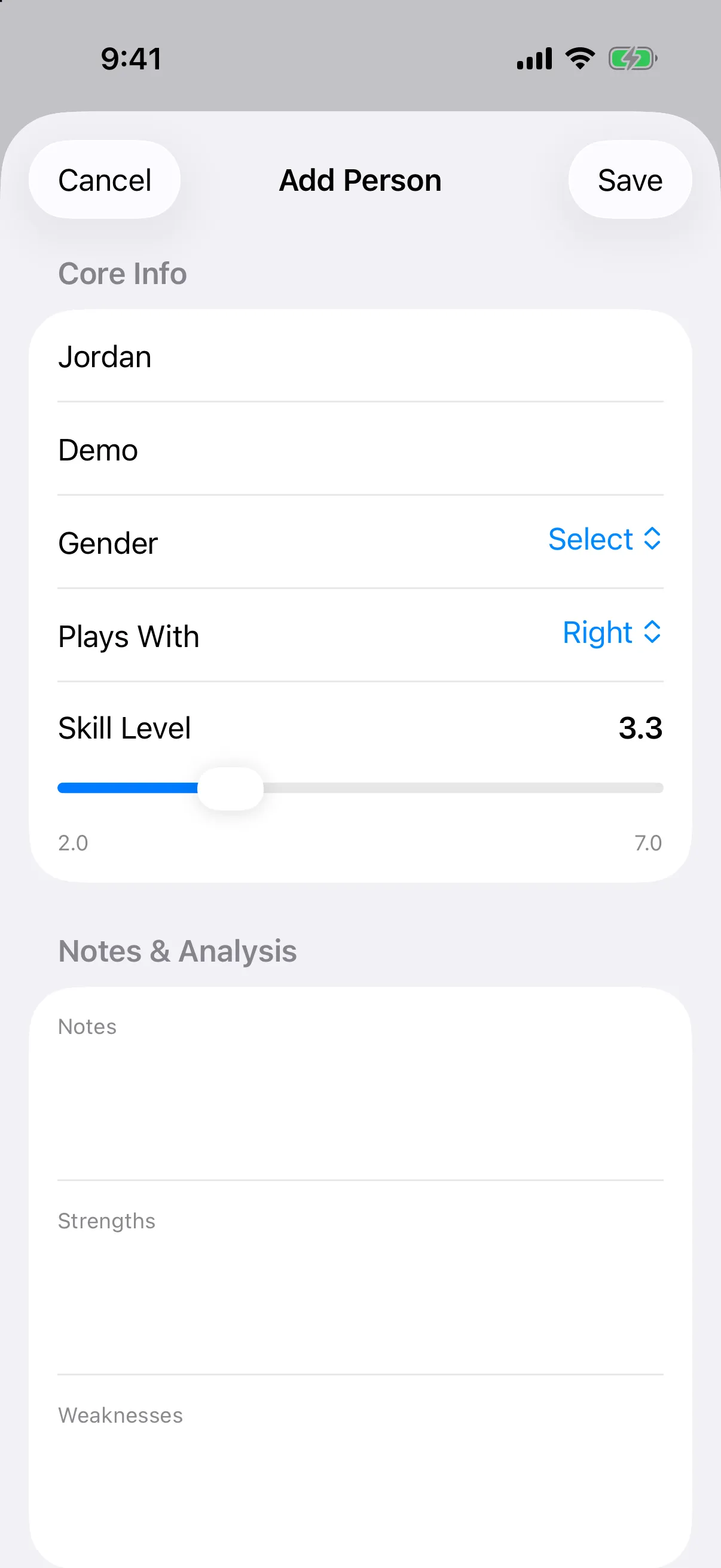 Add Person form with first and last name, Plays With Right and Skill Level 3.3 filled in