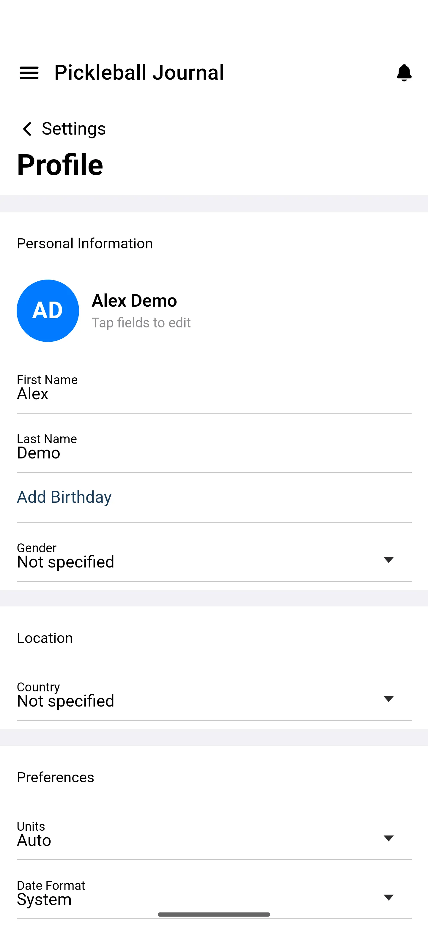 Android Profile screen with Personal Information filled in for Alex Demo, plus Location and Preferences