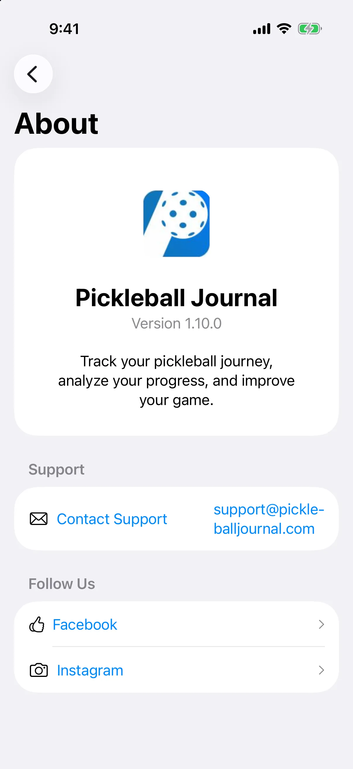 About screen with the Support section and the Contact Support row