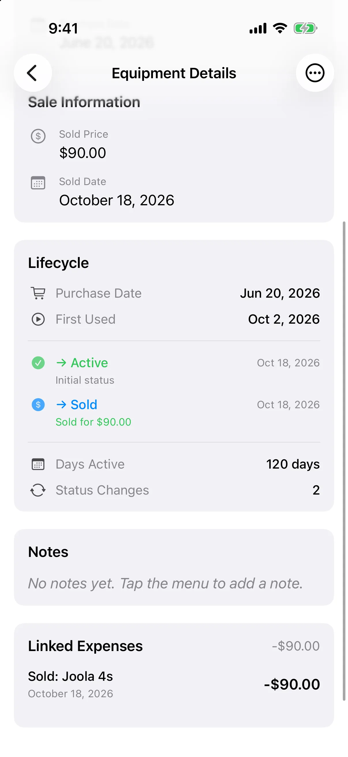 Equipment Details for a sold paddle, with the Lifecycle card listing Active then Sold for $90.00
