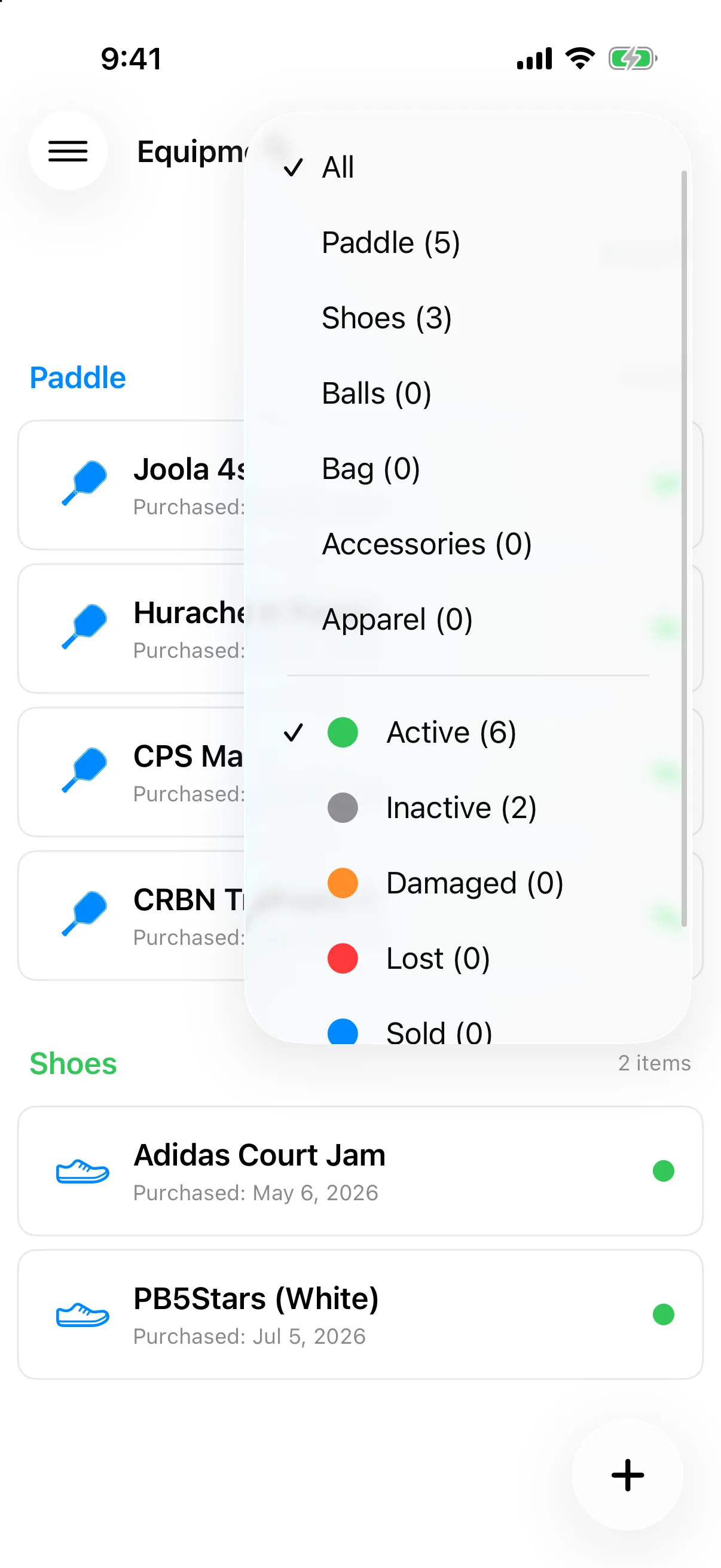 Equipment filter menu showing Type options with counts and Status options with counts