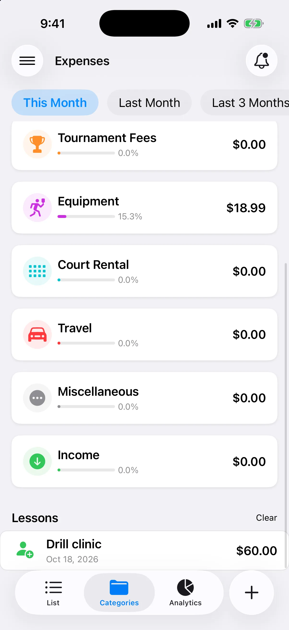 Expenses Categories tab with Lessons selected and its Drill clinic expense listed below