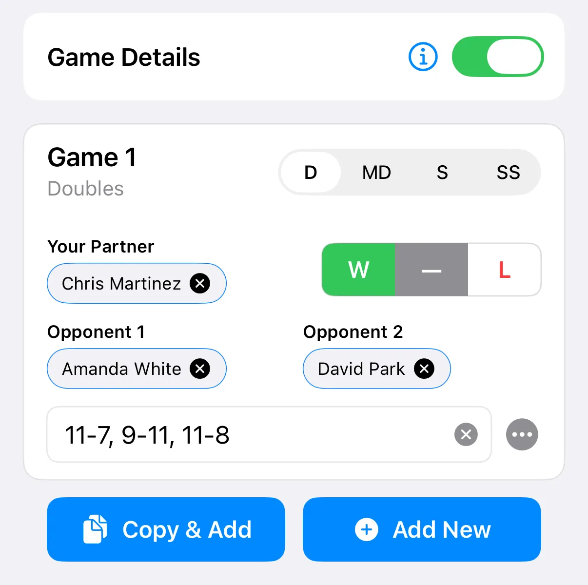 Add Games Played with Game Details on, showing one doubles game with partner, two opponents, a score and W selected