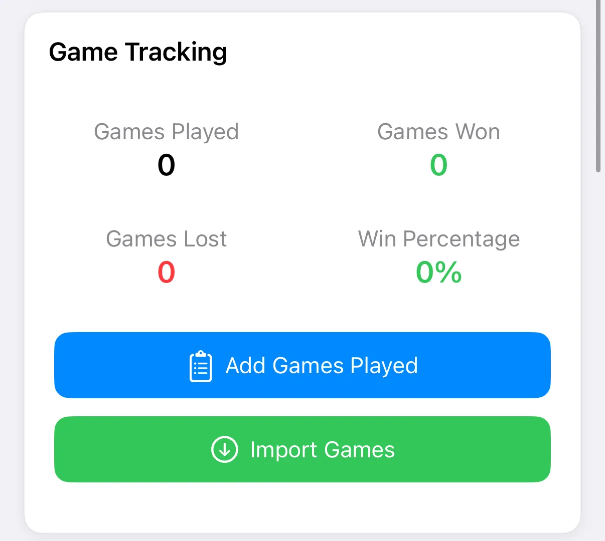 Game Tracking section of a new entry with Add Games Played and Import Games buttons