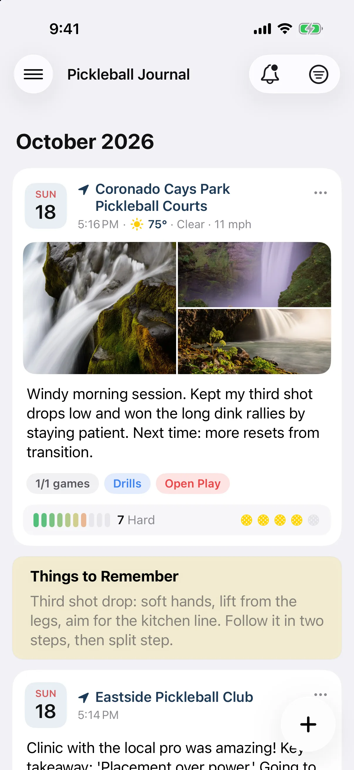 Journal list with a full card: venue, time and weather, three photos, the note, a 1/1 games pill, two tags, the effort meter and rating