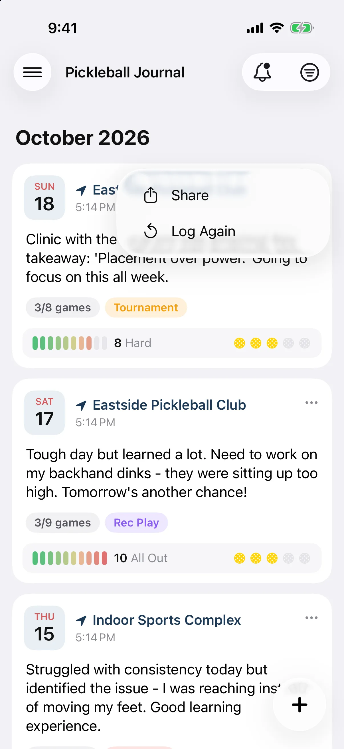 Journal card with its ••• menu open showing Share and Log Again