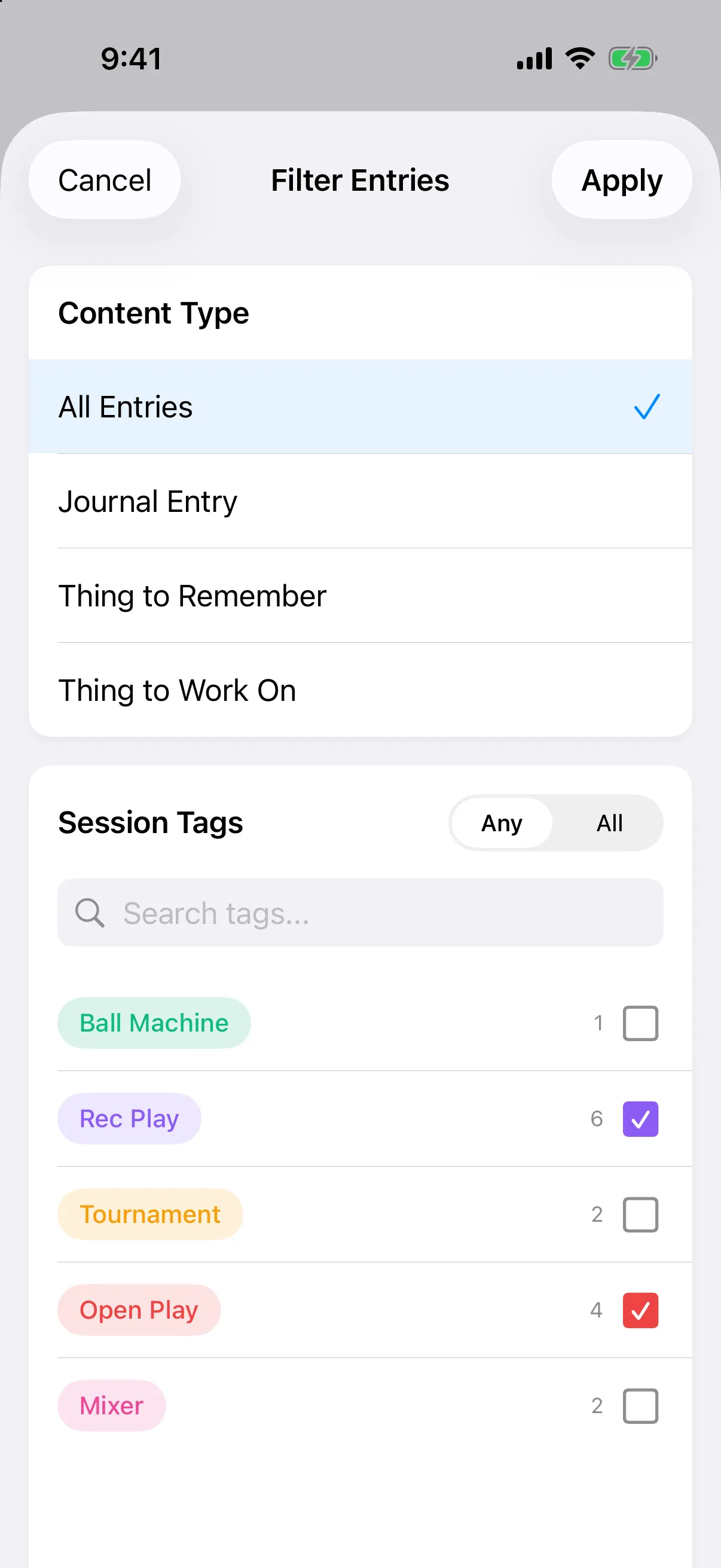 Filter Entries sheet with All Entries chosen and the Rec Play and Open Play tags ticked