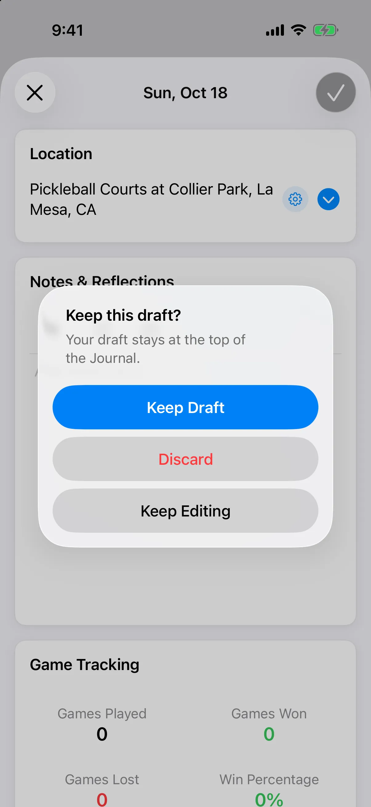 Keep this draft? alert with Keep Draft, Discard and Keep Editing over a new entry