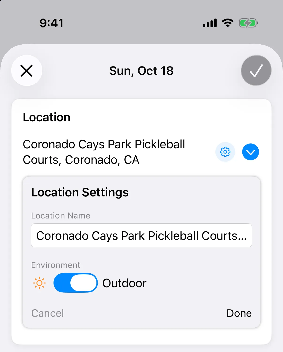 Location Settings panel under the entry’s location with Environment switched to Outdoor