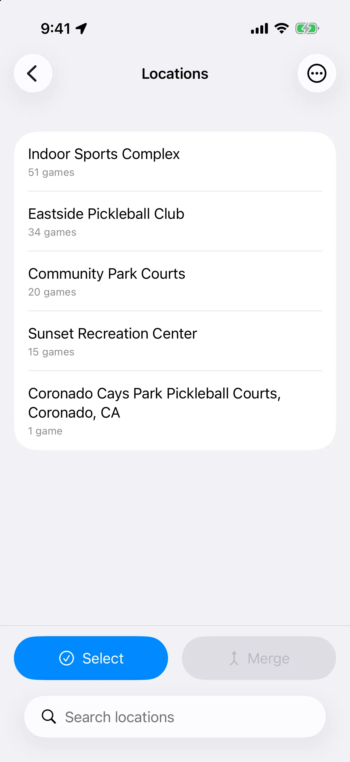 Locations screen listing places with game counts, the Select and Merge buttons and the search box