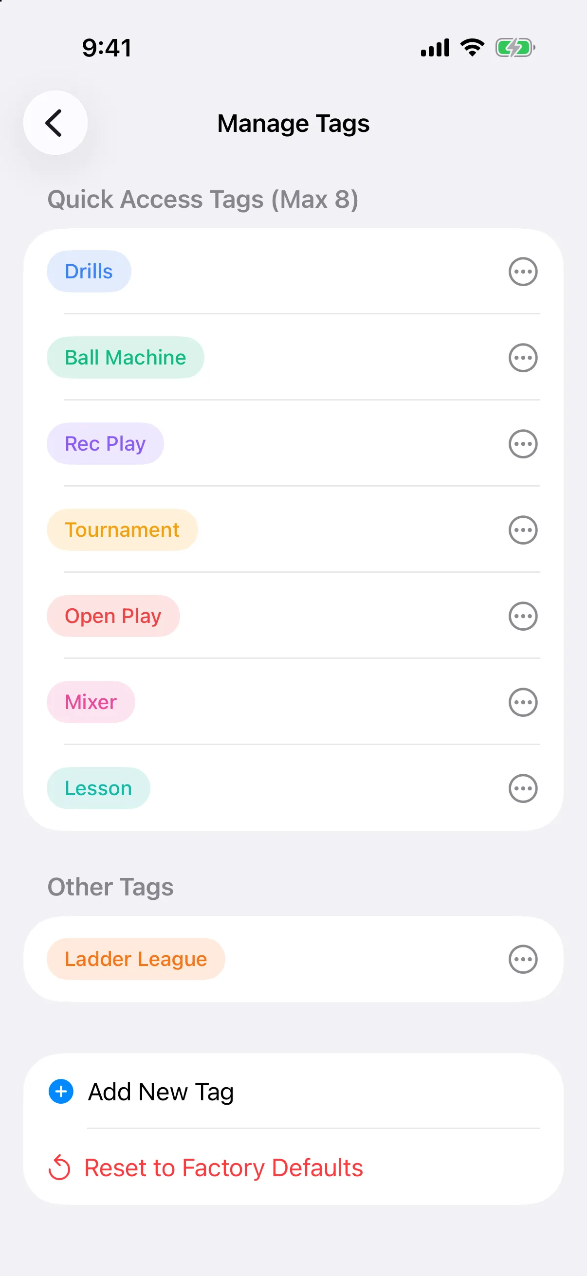 Manage Tags screen with Quick Access Tags, an Other Tags section and Add New Tag