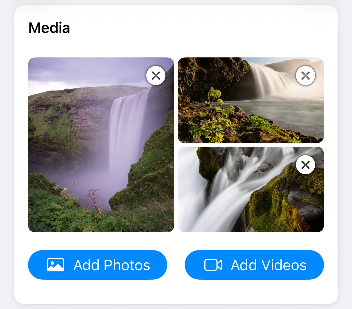 Media section of an entry with three photo thumbnails above the Add Photos and Add Videos buttons