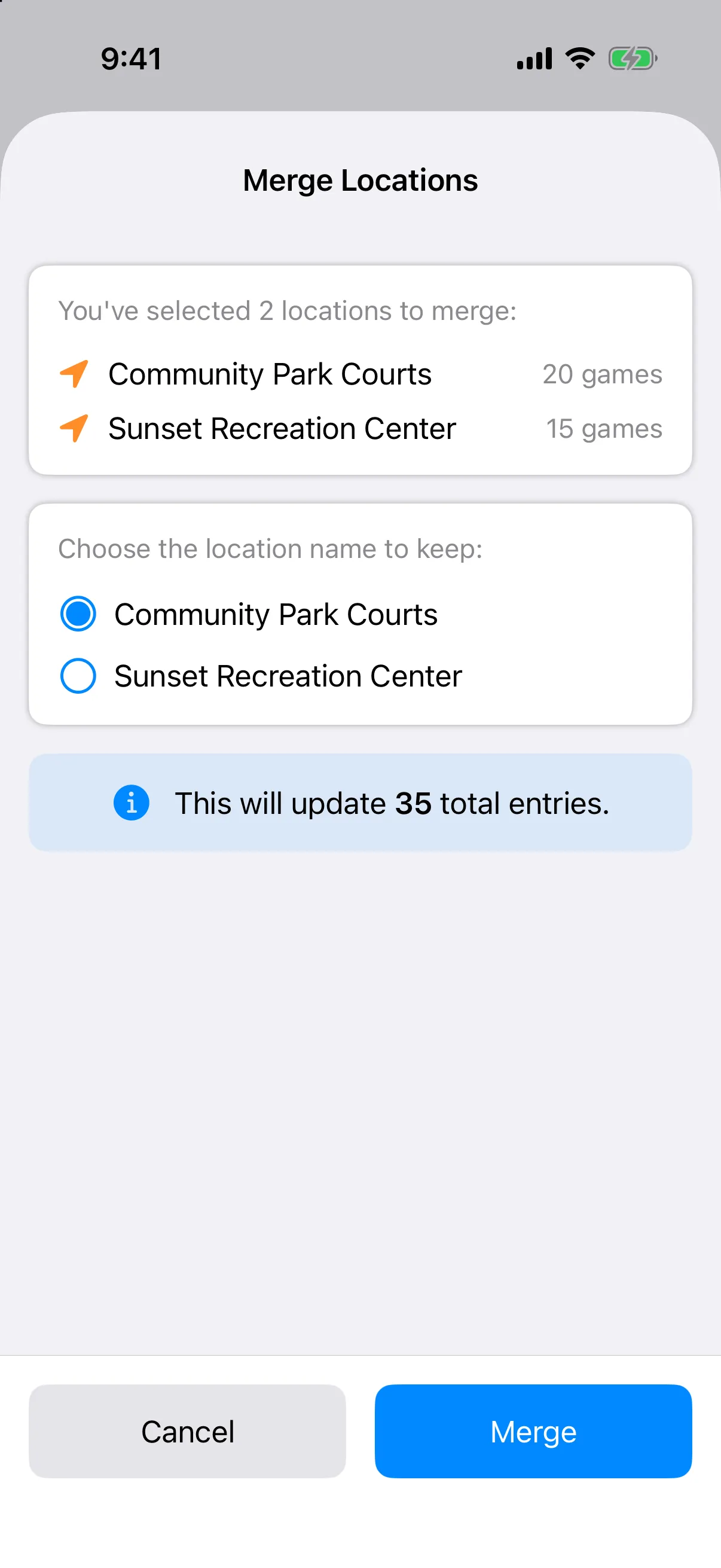 Merge Locations sheet with two locations selected, Community Park Courts chosen as the name to keep, and the entry count