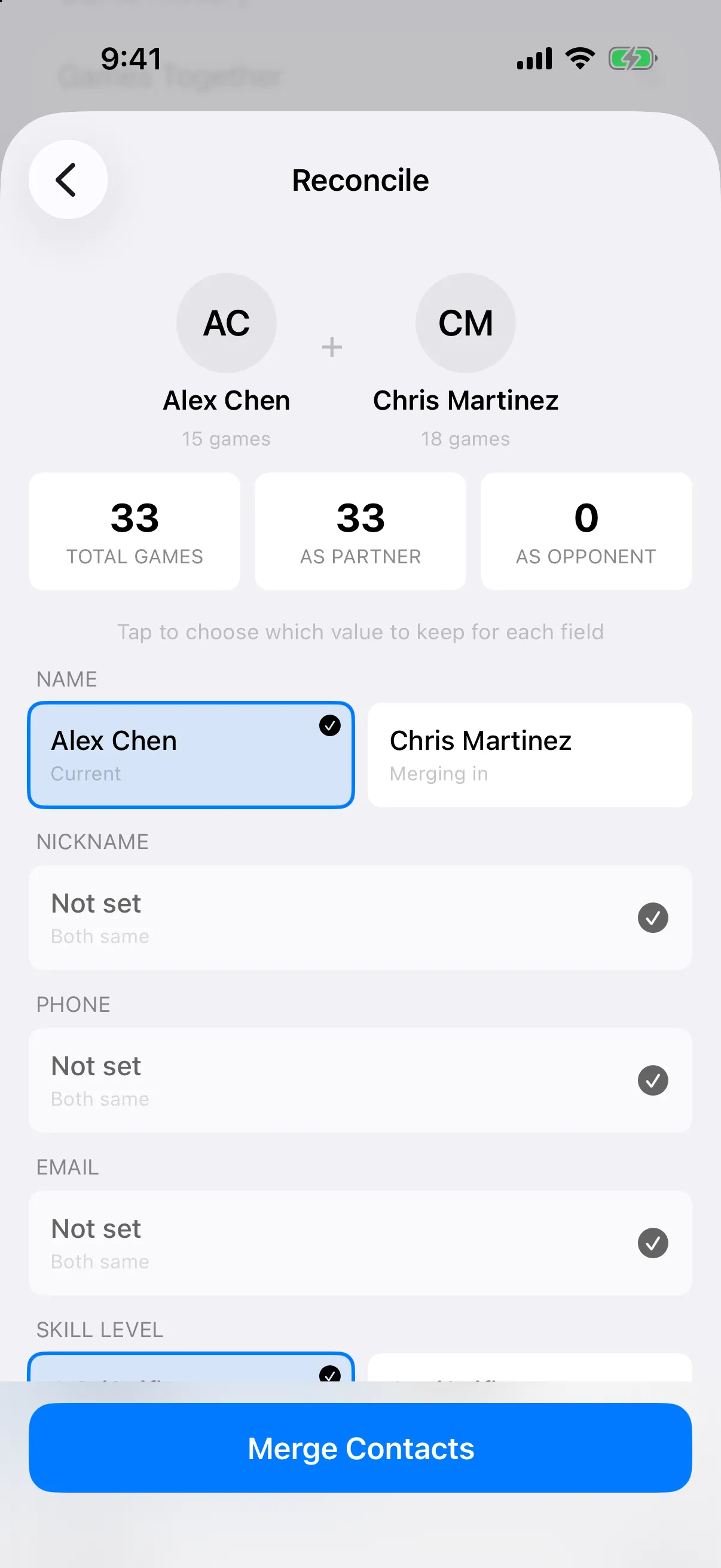 Reconcile screen comparing two people, with the current name selected and matching fields marked Both same
