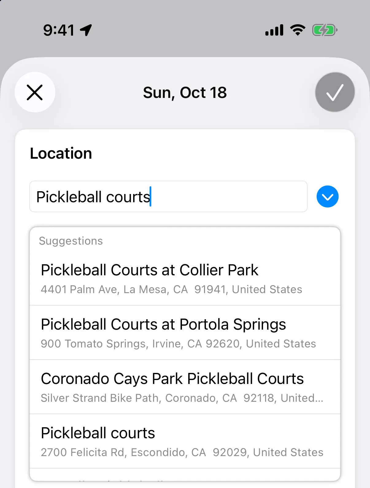 Location field with search text and a list of place suggestions