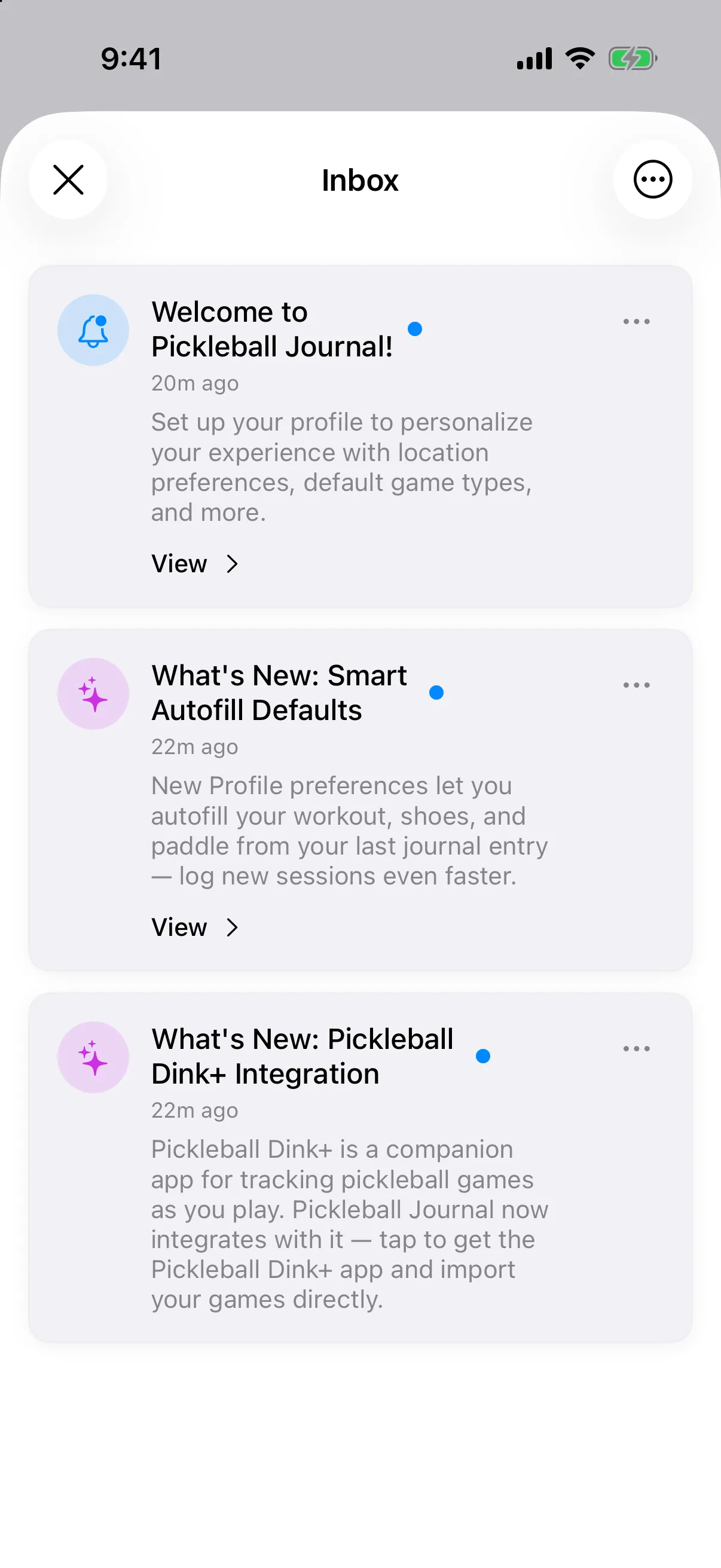 Inbox with three unread messages, two with a View link