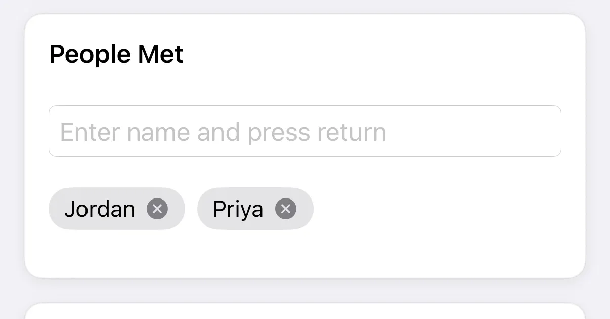 People Met section with Jordan and Priya added as chips
