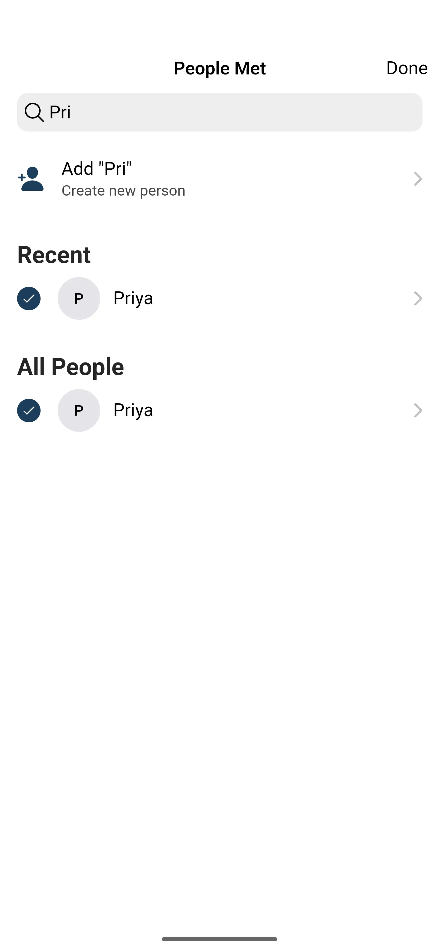People Met picker on Android with “Pri” typed in the search field, an Add “Pri” option, and Priya listed under Recent and All People