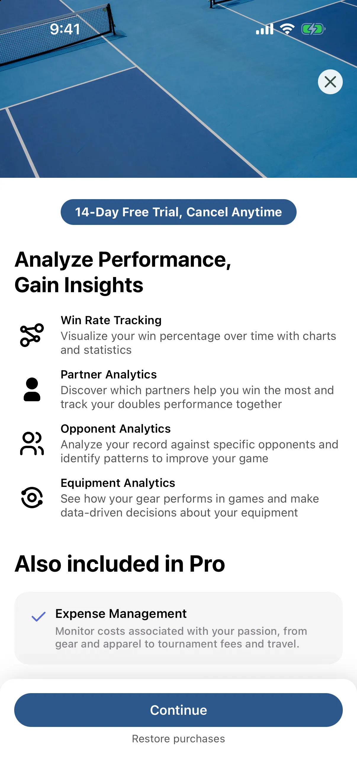 Pickleball Journal Pro subscription screen listing Pro features with a Continue button