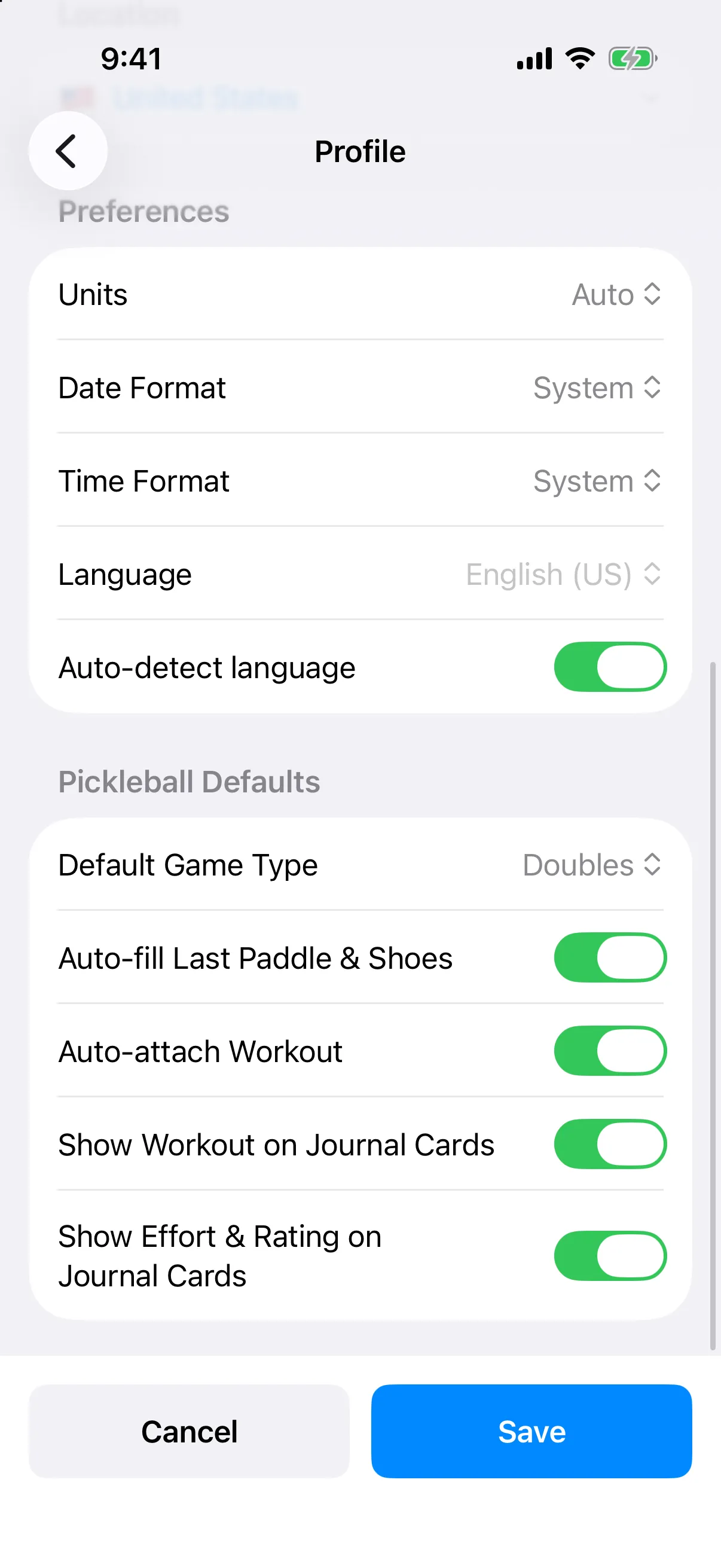 Profile screen scrolled to Preferences and Pickleball Defaults, with the Save button at the bottom