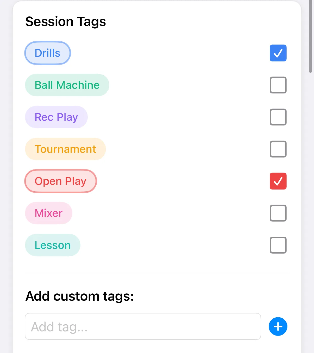 Session Tags section with Drills and Open Play ticked and the Add tag field below