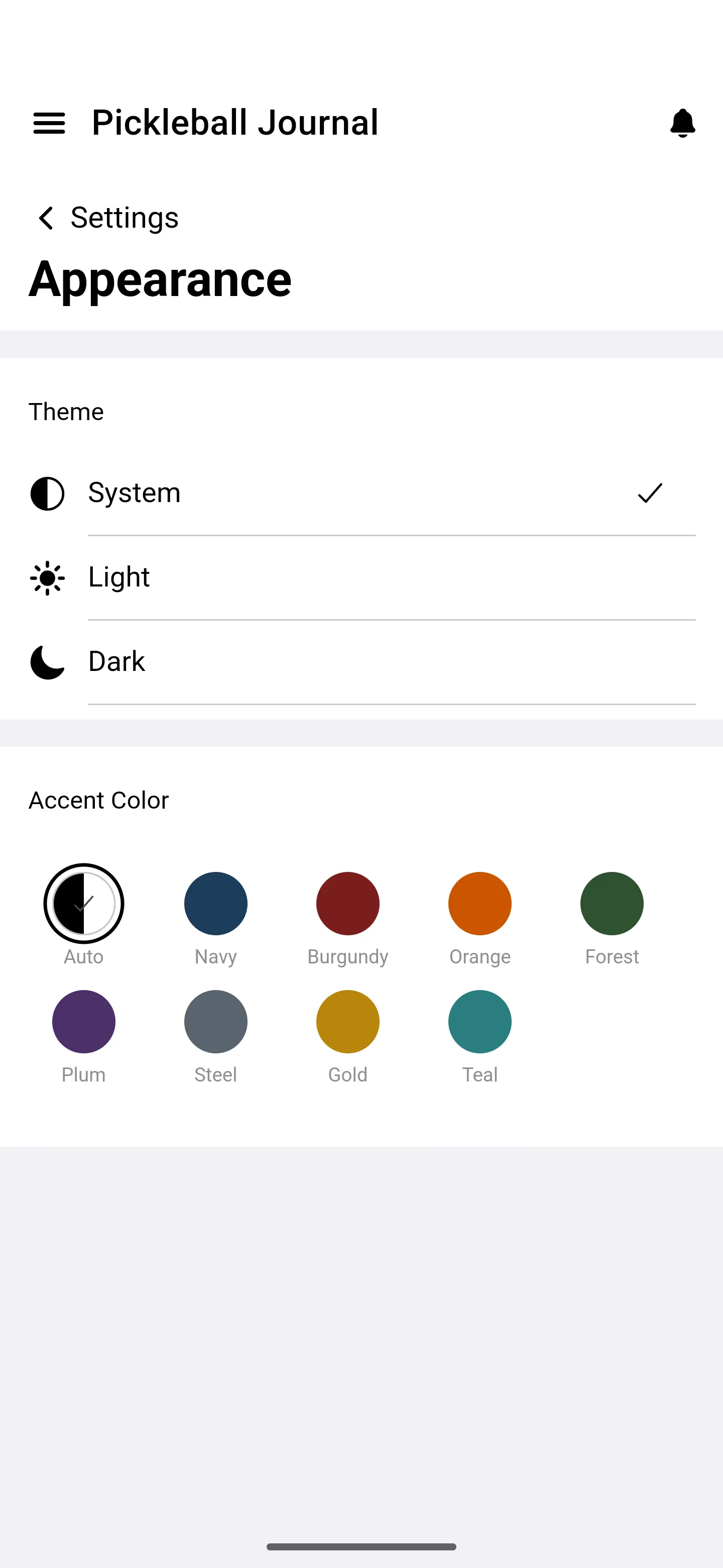 Android Appearance screen with System, Light and Dark under Theme and the Accent Color swatches