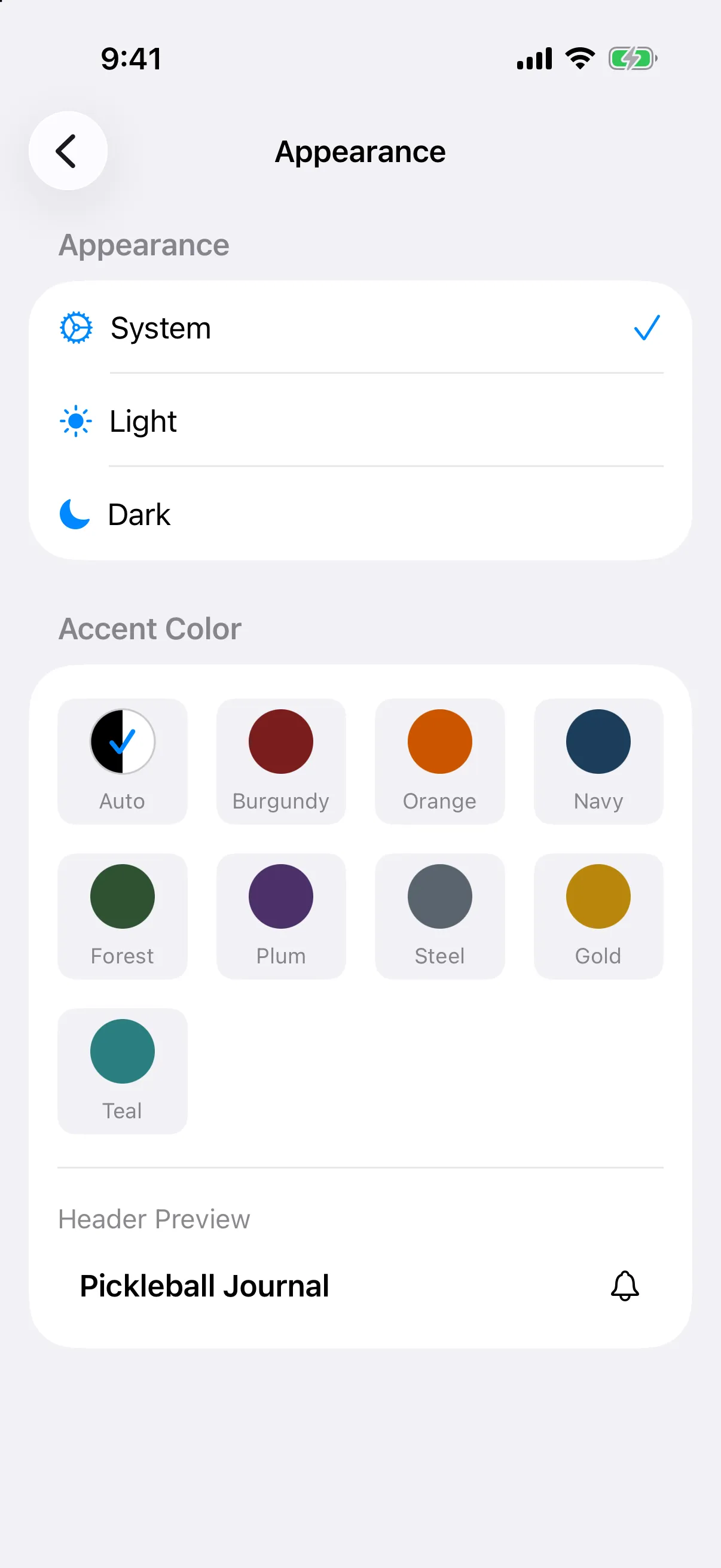 Appearance screen with System, Light and Dark options and the Accent Color grid with Header Preview