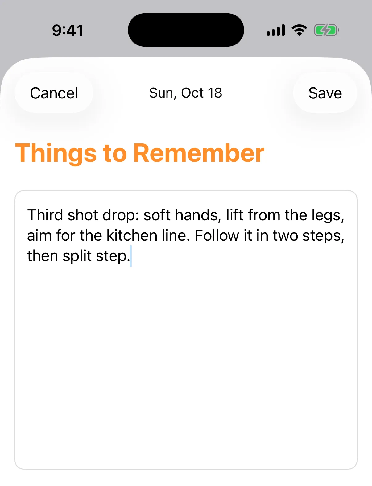 Things to Remember screen with a demo note typed in